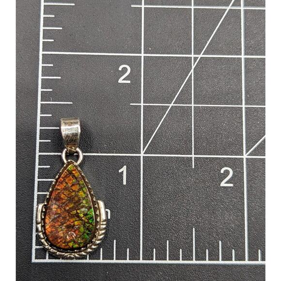 Colorful Ammolite Fossil Dragon Scale Teardrop Sterling Silver Pendant *Read* - Picture 2 of 14